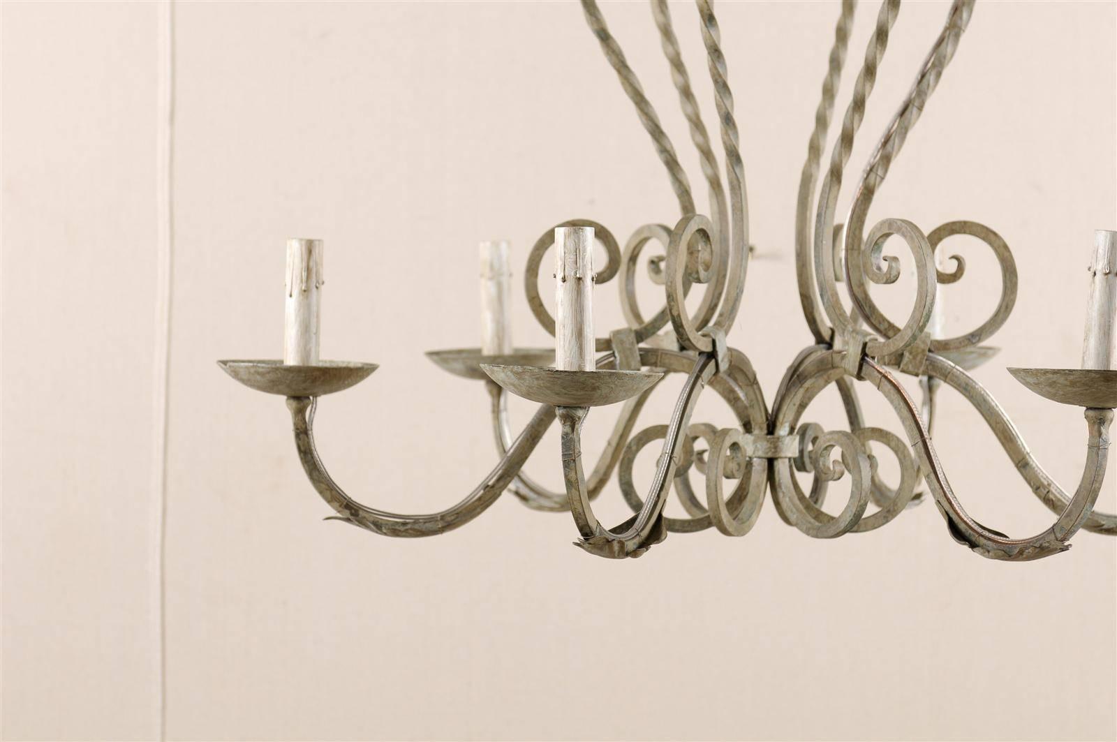 Mid-Century Modern French Vintage Painted Iron 6 Light Chandelier with S-Scrolls Neutral Grey Color For Sale