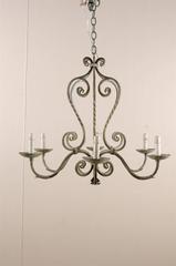 French Painted Iron 6 Light Chandelier with S-Scrolls in Neutral Grey Color