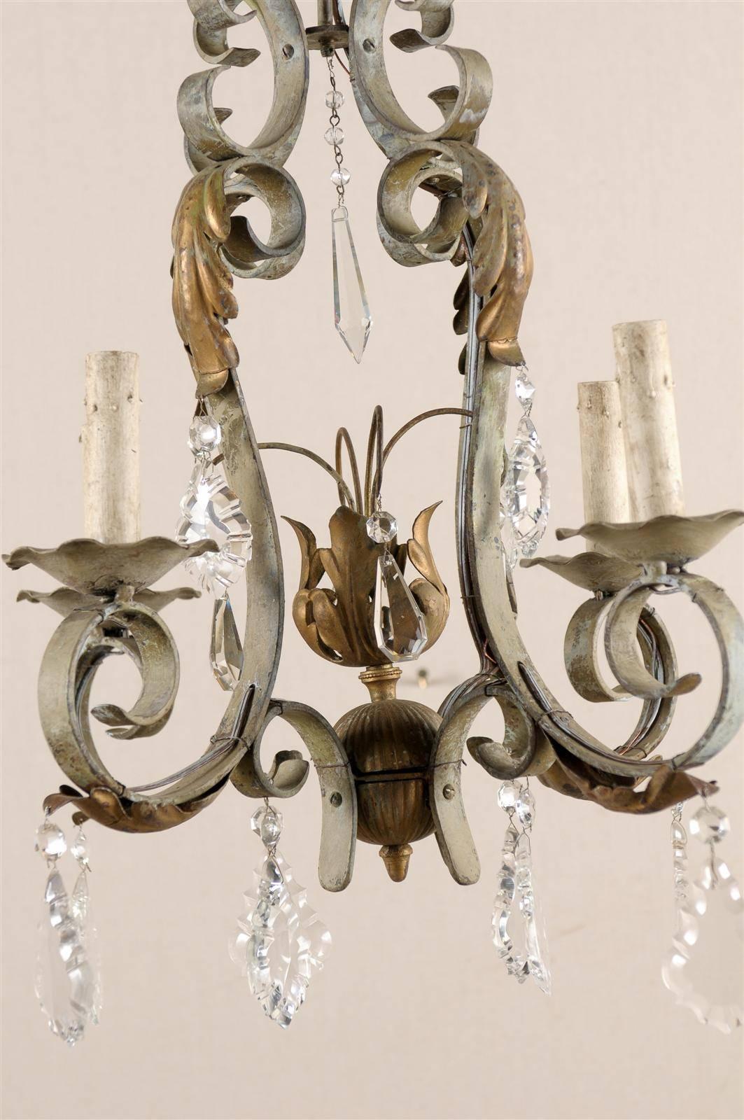 Painted French Vintage Crystal and Iron Four-Light Chandelier For Sale