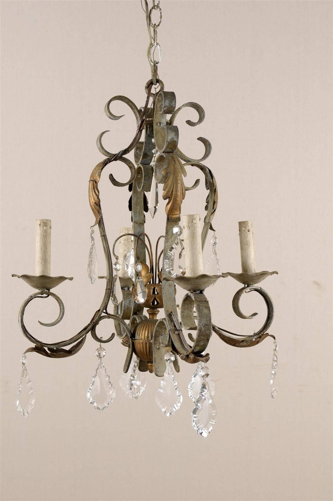 Mid-Century Modern French Vintage Crystal and Iron Four-Light Chandelier For Sale