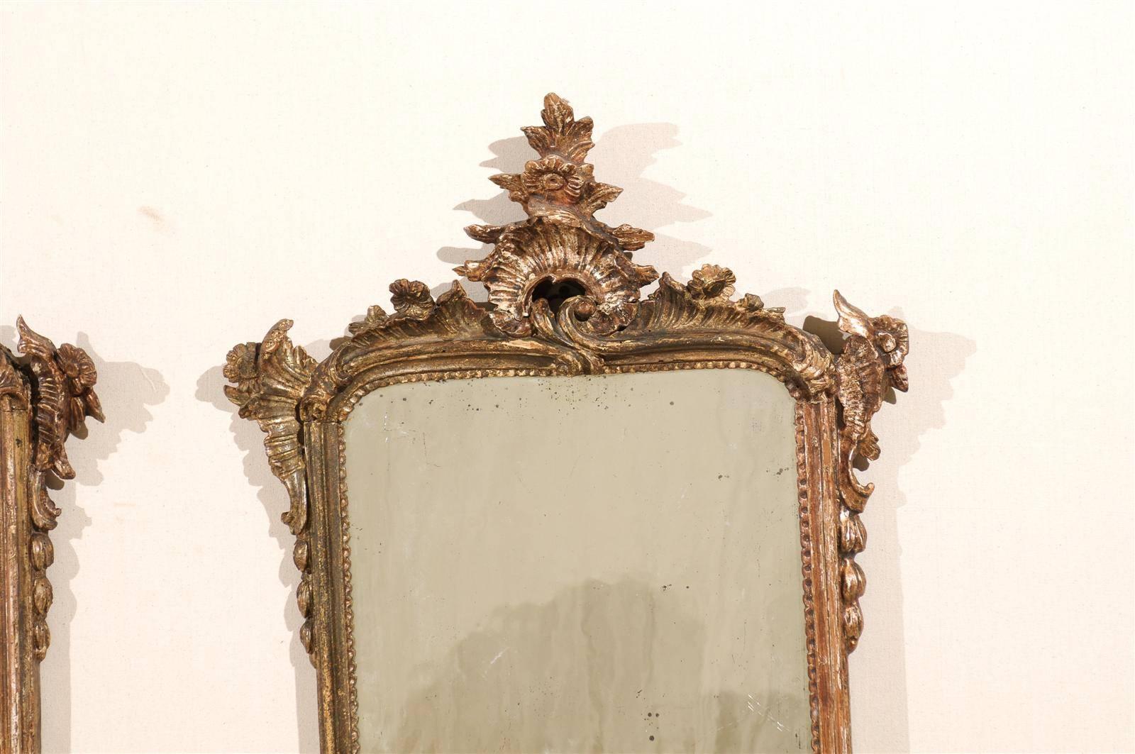 Wood Pair of 18th Century Italian Mirrors in Rococo Style with Nicely Aged Gold Color