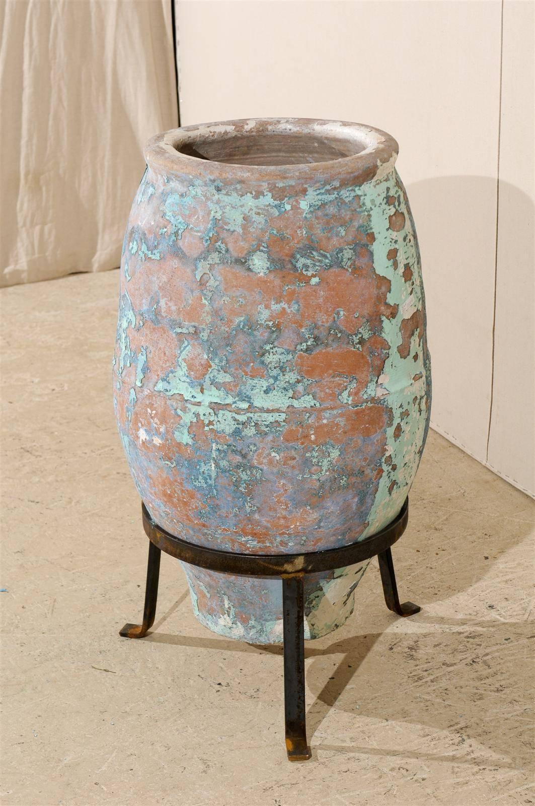 Painted Aged Spanish Terracotta Olive Jar from the Mid-19th C. with Traces of Blue Paint For Sale
