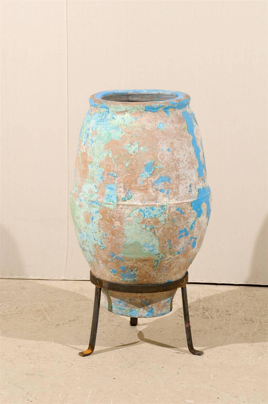 19th Century Spanish, Mid-19th C. Terracotta Olive Jar with Remains of Blue / Turquoise Paint