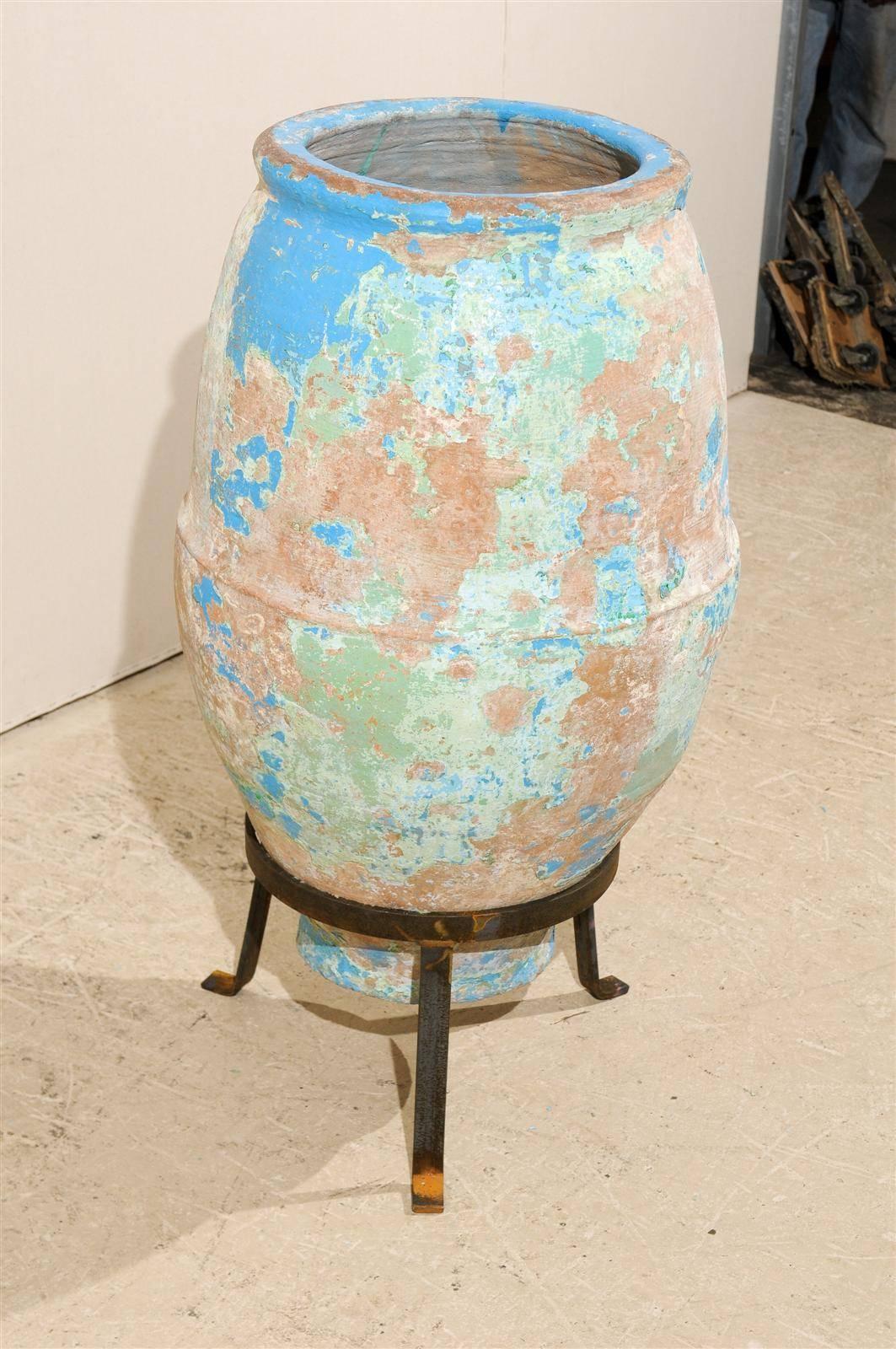 Spanish, Mid-19th C. Terracotta Olive Jar with Remains of Blue / Turquoise Paint In Good Condition In Atlanta, GA