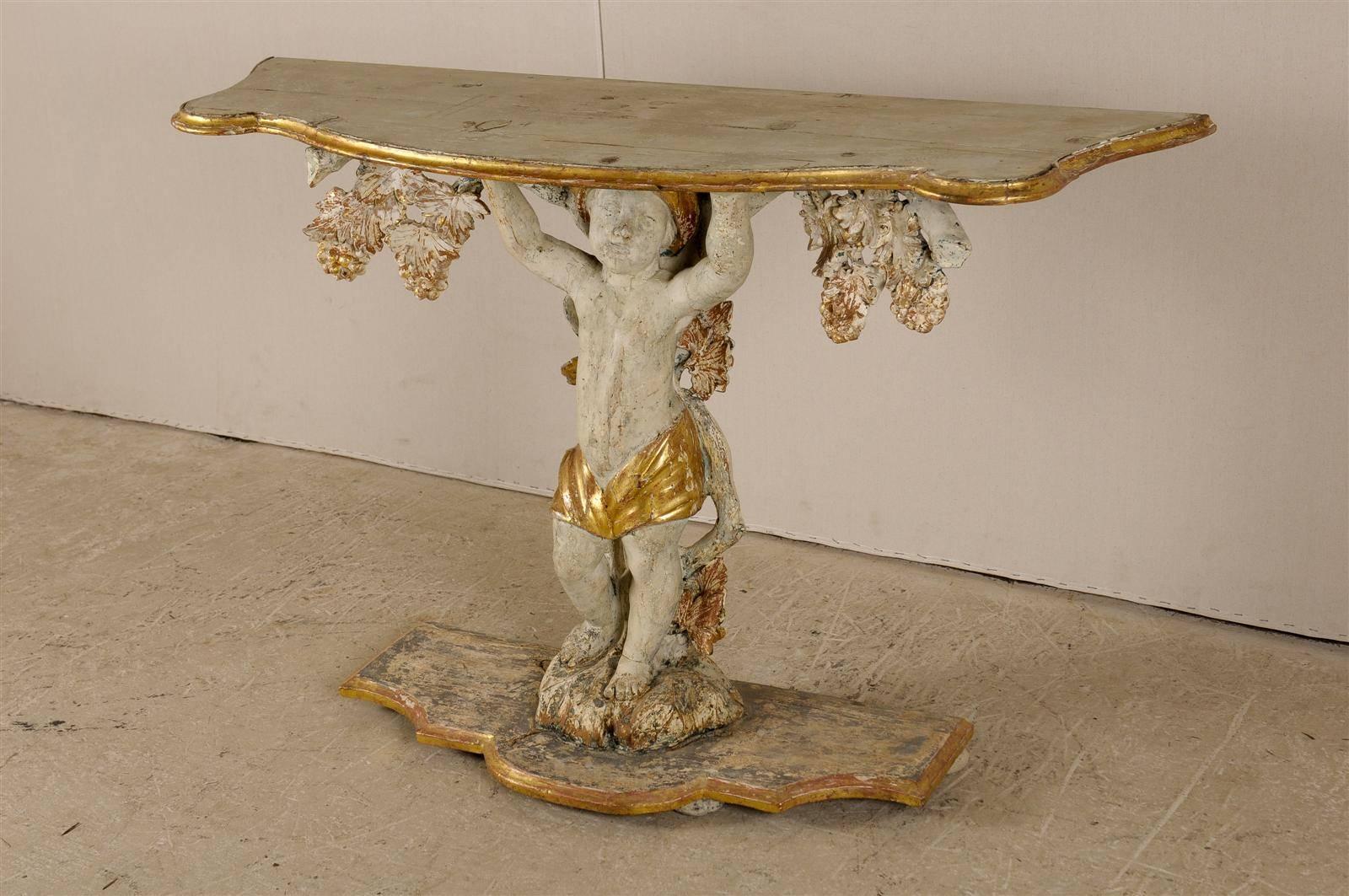 Gilt An Exquisite Italian 18th C. Putto Console with Gilded Wood and Grapevine Motif