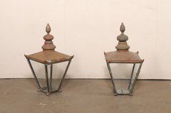 Large Pair of Early 20th Century French Copper Lanterns with Glass Panels
