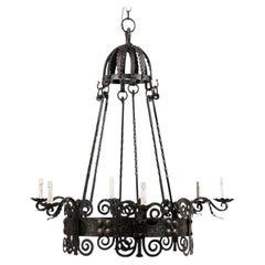 Italian Six-Light Black Iron Ring Chandelier with Scroll Motifs and Domed Canopy
