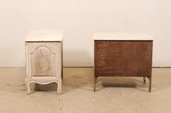 Pair of French Vintage Marble-Top Painted Wood Commodes with Pierced Skirts
