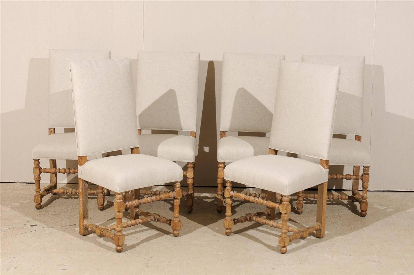A set of six exquisite Italian late 19th century baroque style side chairs. This set of reupholstered Italian chairs features nice front turned legs and stretchers. The back is slanted. They have been scraped down and show traces of their original