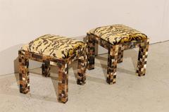 Pair of Karl Springer Style Stools with Faux Tiger Upholstery