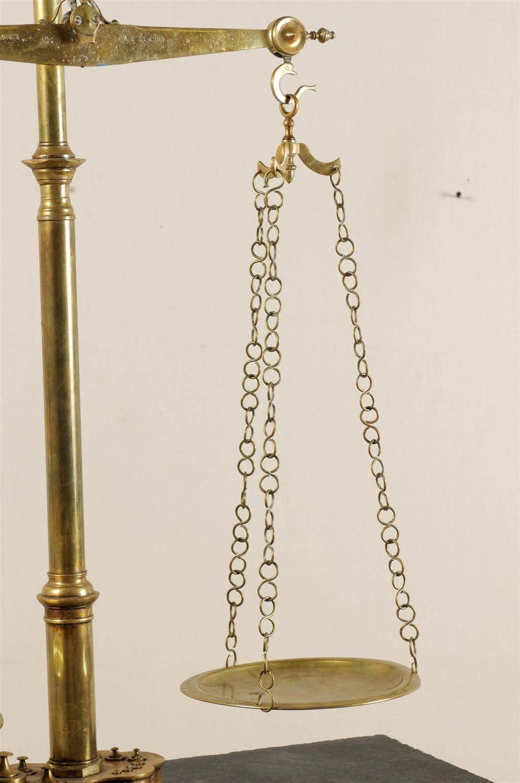 A Grand Sized 19th Century Dutch Brass Scale with Several Small Weights Included 1