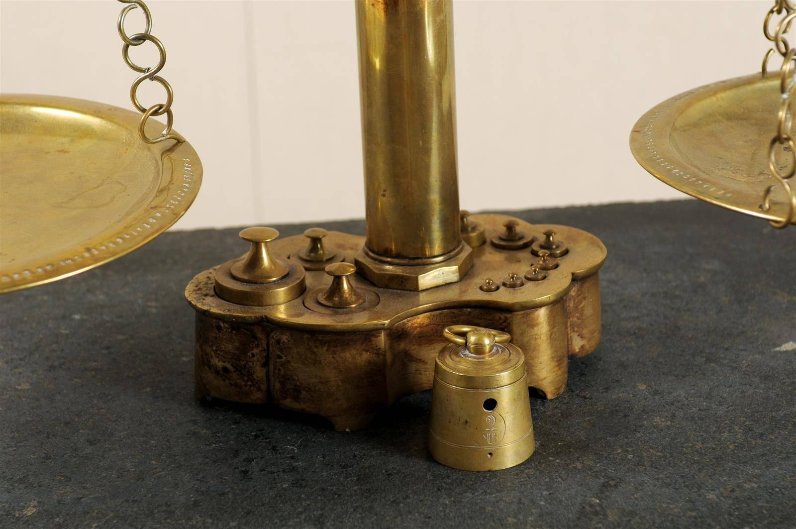 A Grand Sized 19th Century Dutch Brass Scale with Several Small Weights Included 5