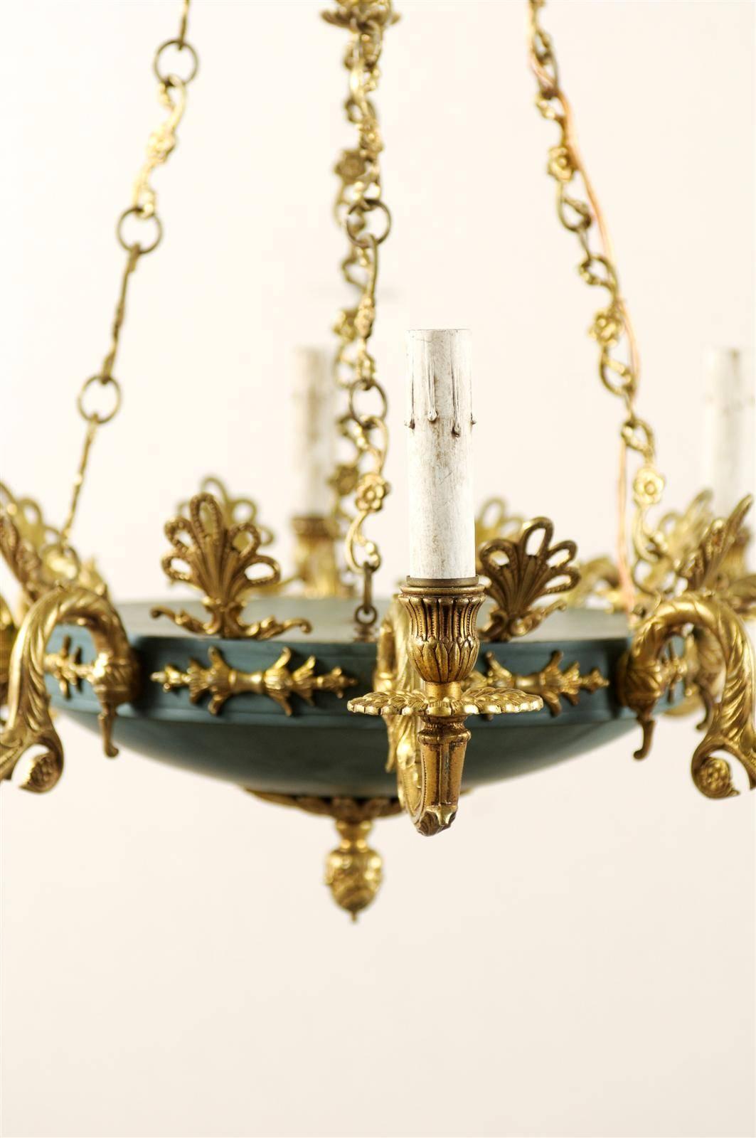 Painted Swedish Empire Style Eight-Light Chandelier of Brass and Iron with Teal Accents