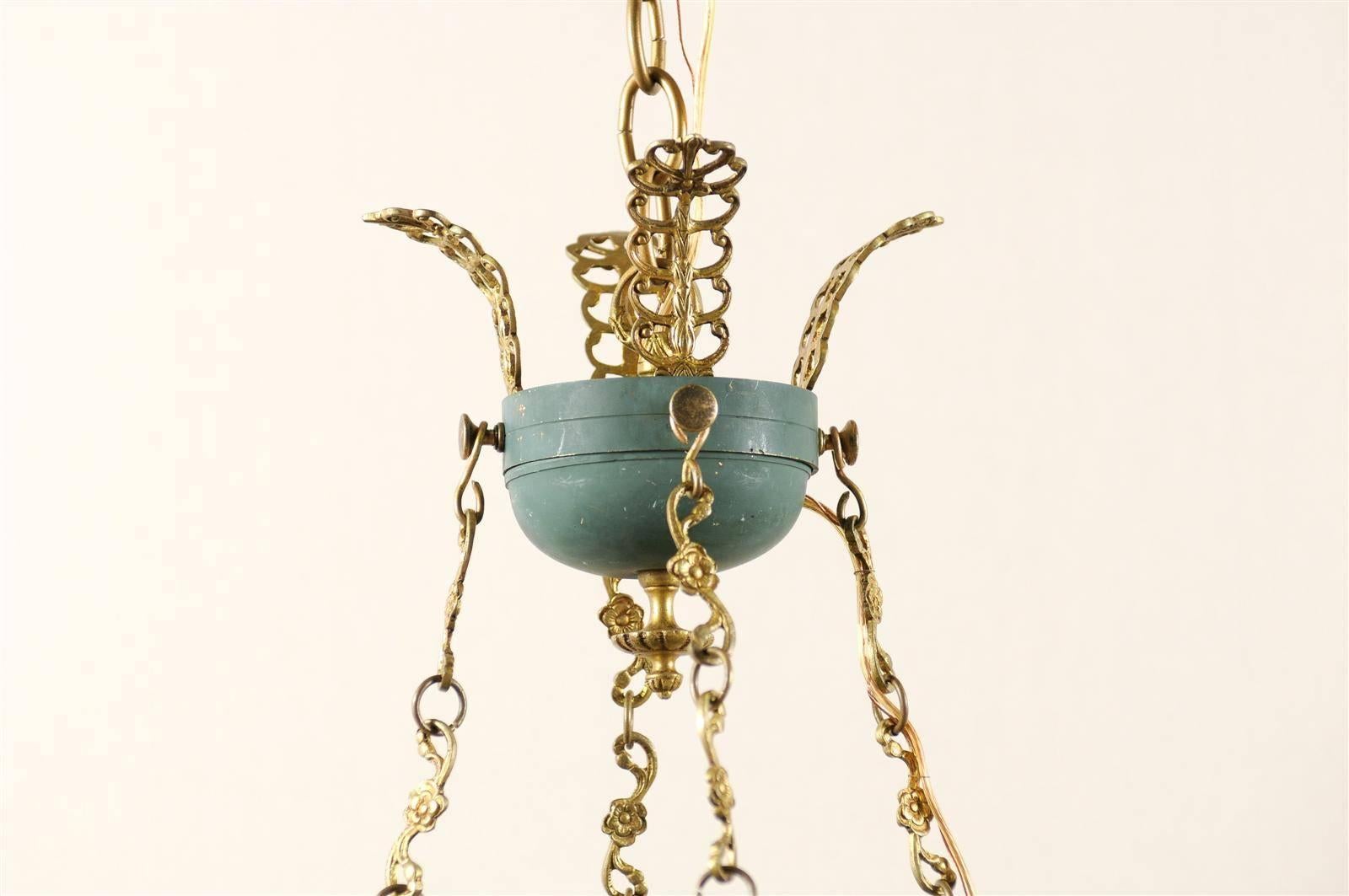 Swedish Empire Style Eight-Light Chandelier of Brass and Iron with Teal Accents In Good Condition In Atlanta, GA