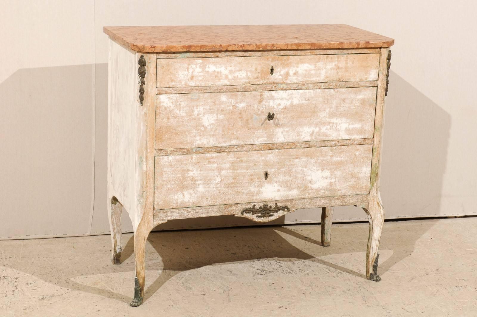 Painted French Early 19th Century Marble Top, Three-Drawer Chest