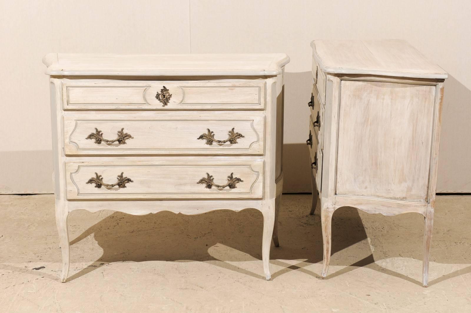 Carved Pair of Vintage Three-Drawer Raised Chests, American with Rococo Style Hardware