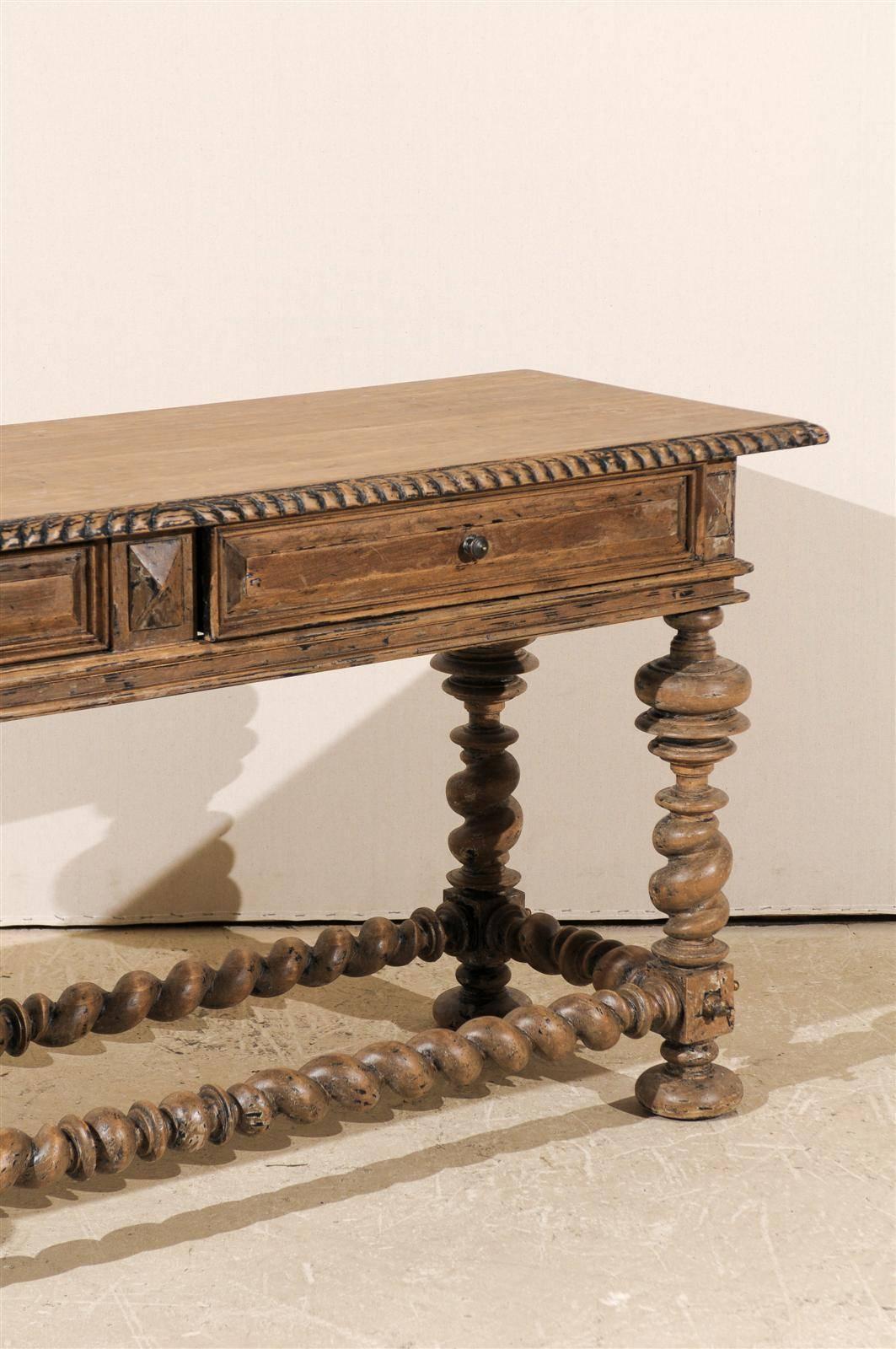 Portuguese Style Two-Drawer Console Table with Barley Twist Stretcher In Good Condition In Atlanta, GA