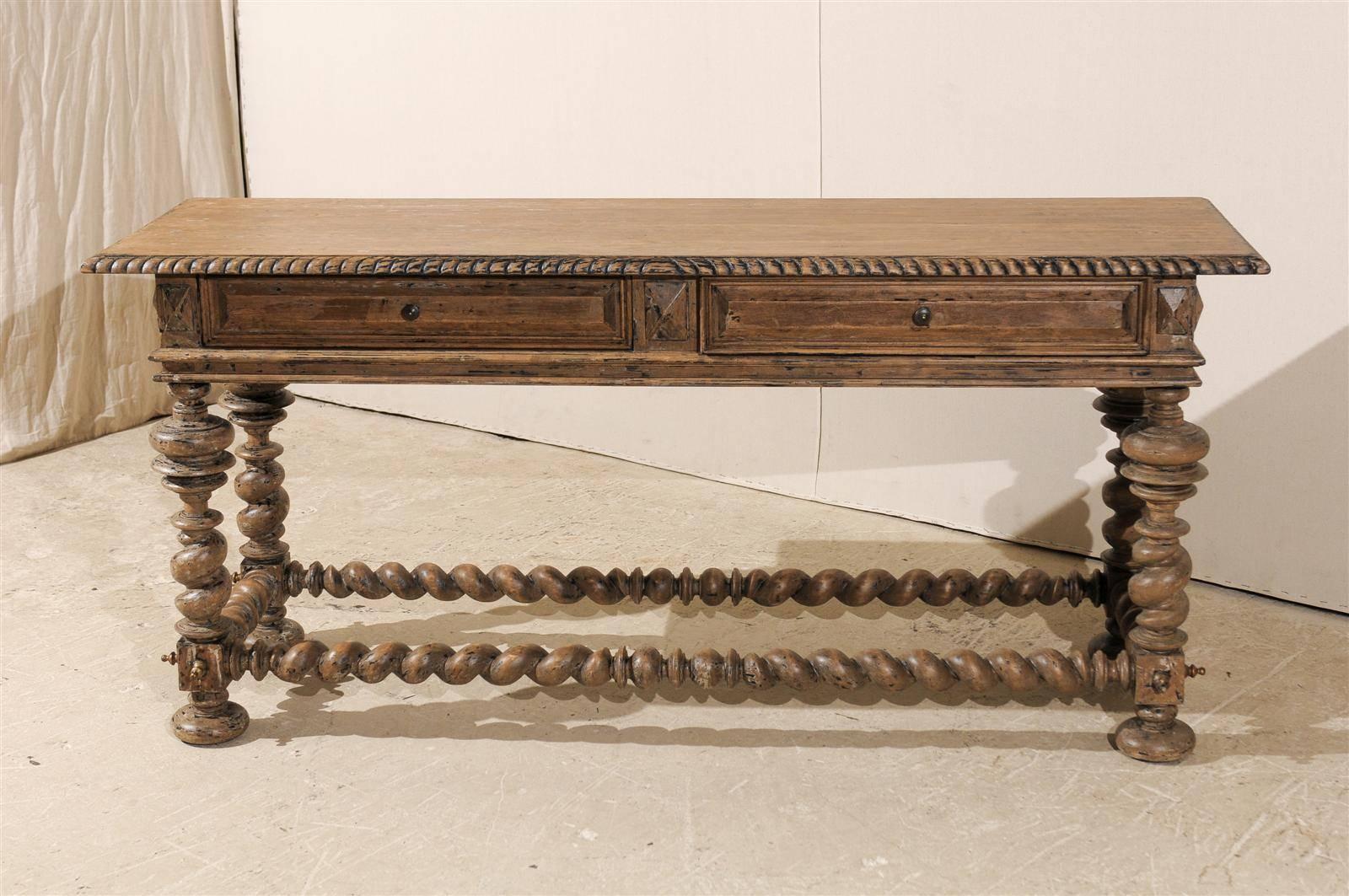 Wood Portuguese Style Two-Drawer Console Table with Barley Twist Stretcher