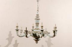 French Vintage Eight-Light Wooden Chandelier with Scrolled Arms