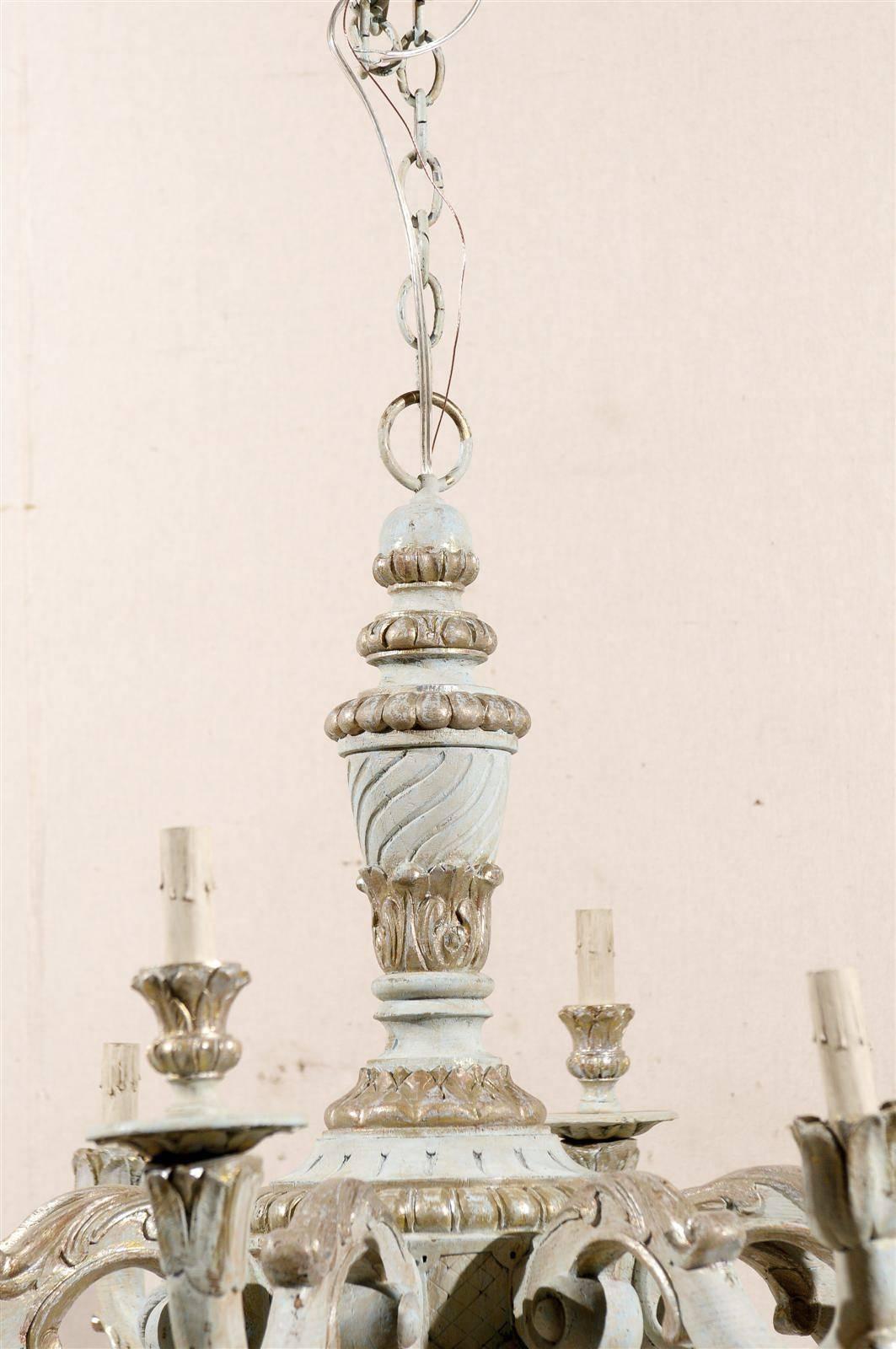 Painted French Vintage Eight-Light Wooden Chandelier with Scrolled Arms