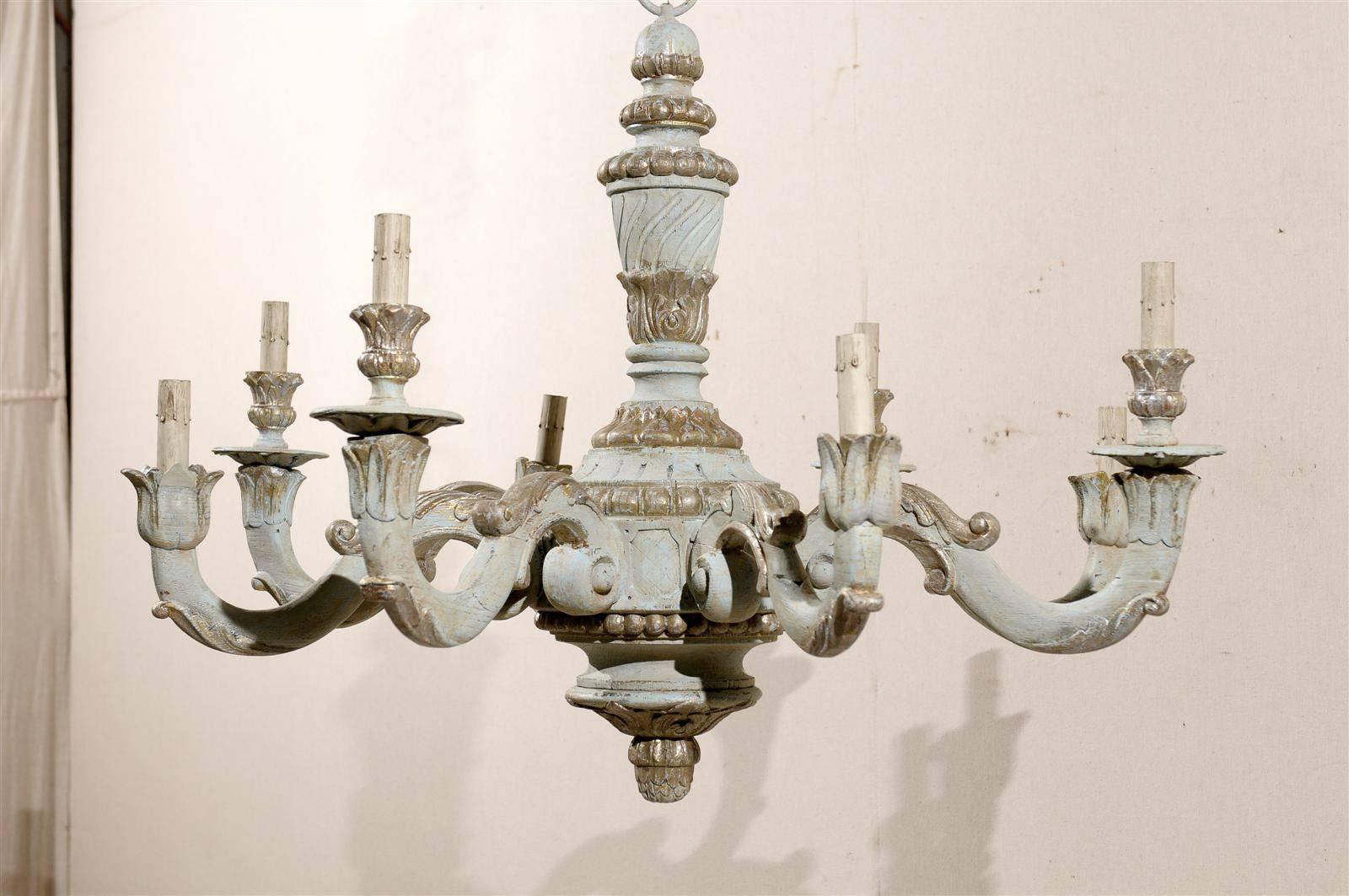 French Vintage Eight-Light Wooden Chandelier with Scrolled Arms 3