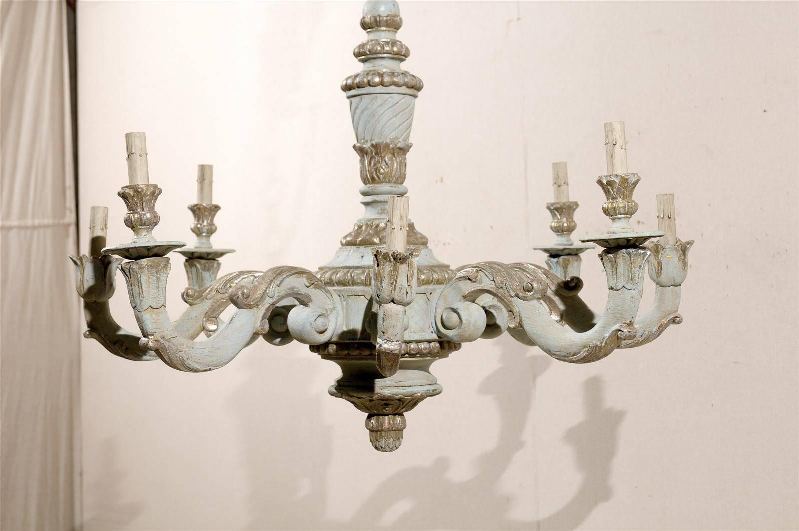 French Vintage Eight-Light Wooden Chandelier with Scrolled Arms 4