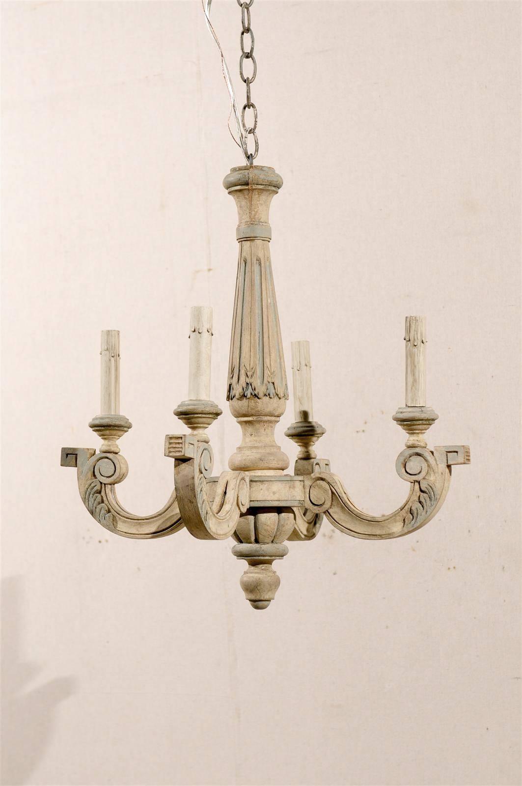 Carved French Four-Light Vintage Painted Wood Chandelier