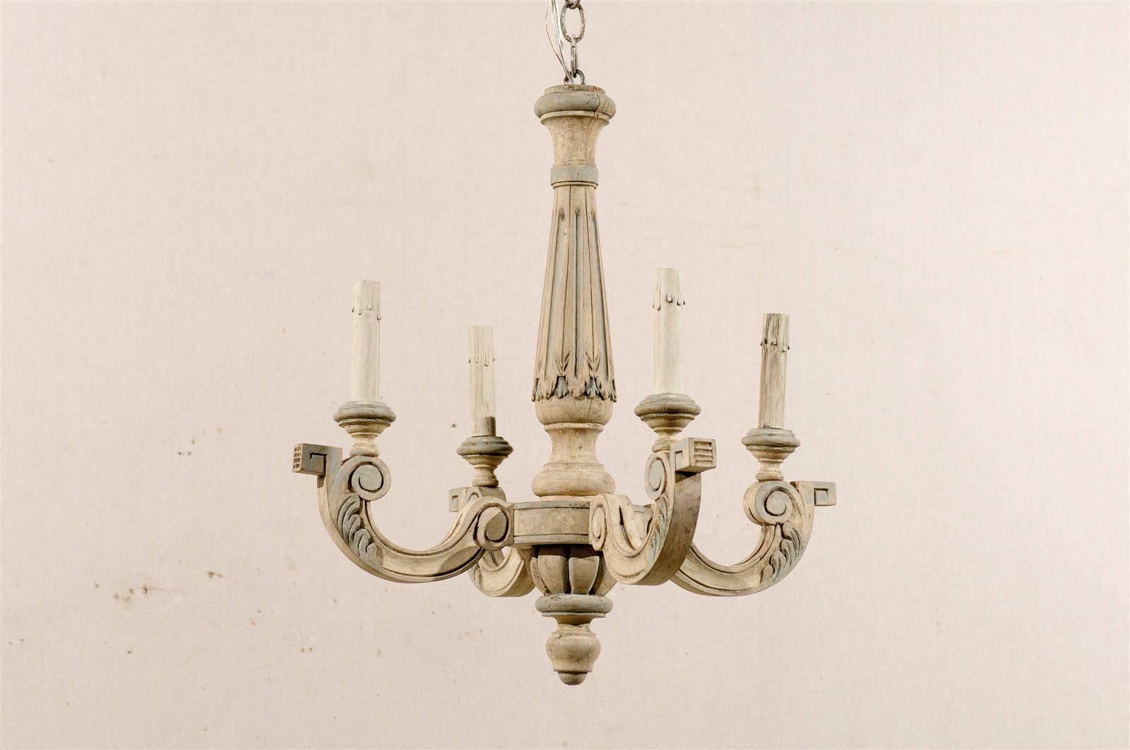 French Four-Light Vintage Painted Wood Chandelier In Good Condition In Atlanta, GA