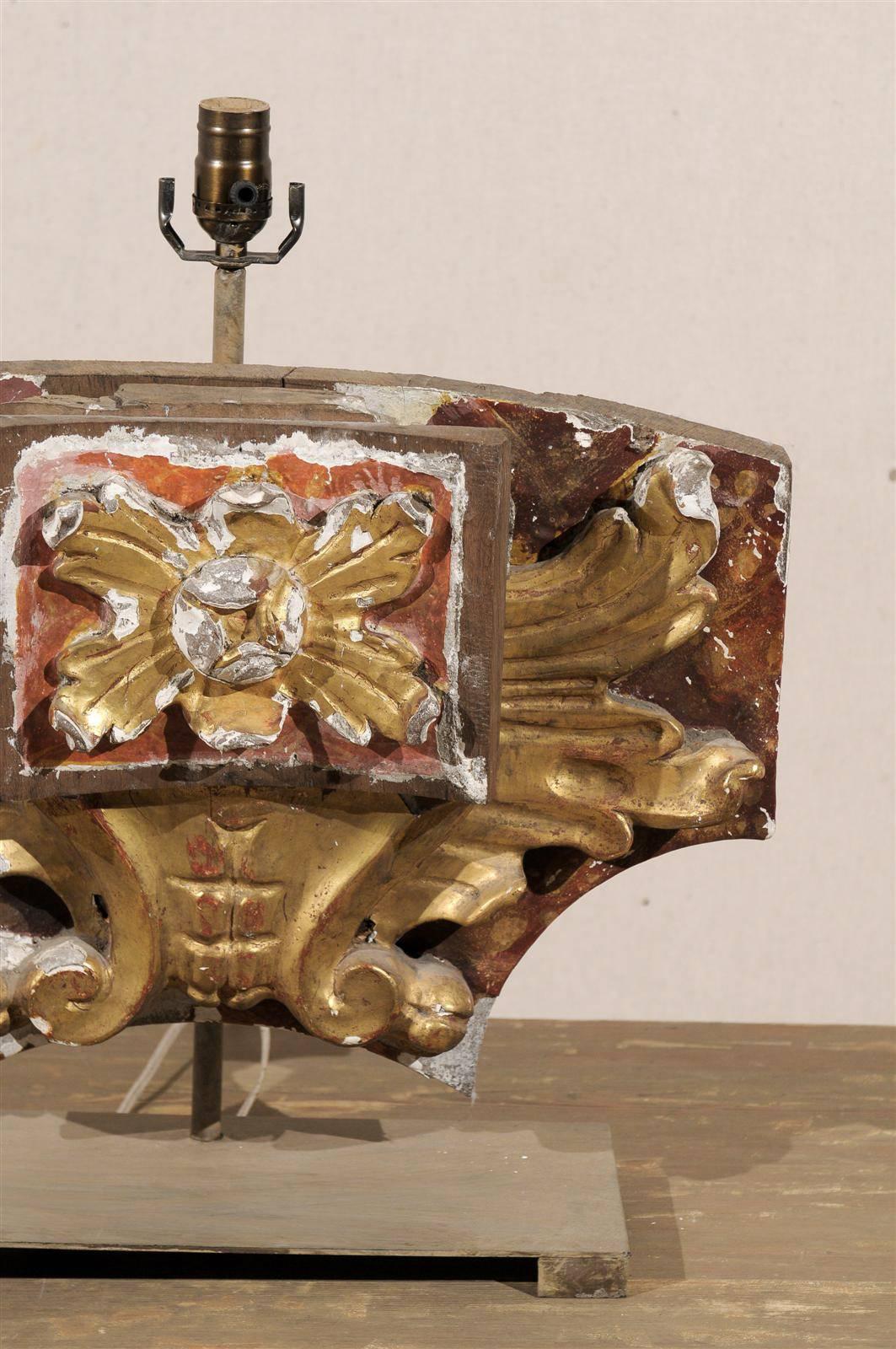 Metal Italian Early 20th Century Gilded and Painted Fragment Mounted into Table Lamp