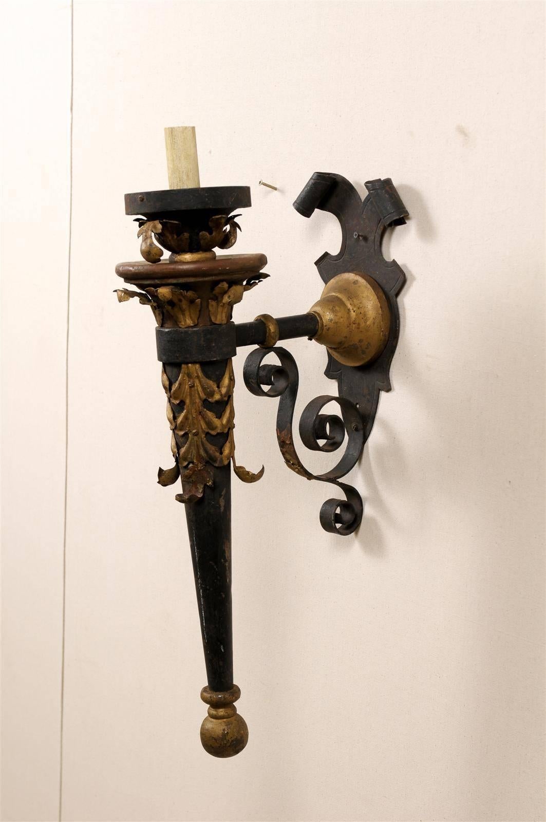 Forged An Italian Vintage Single Arm Torch Shaped Sconce with Gilt Accents For Sale