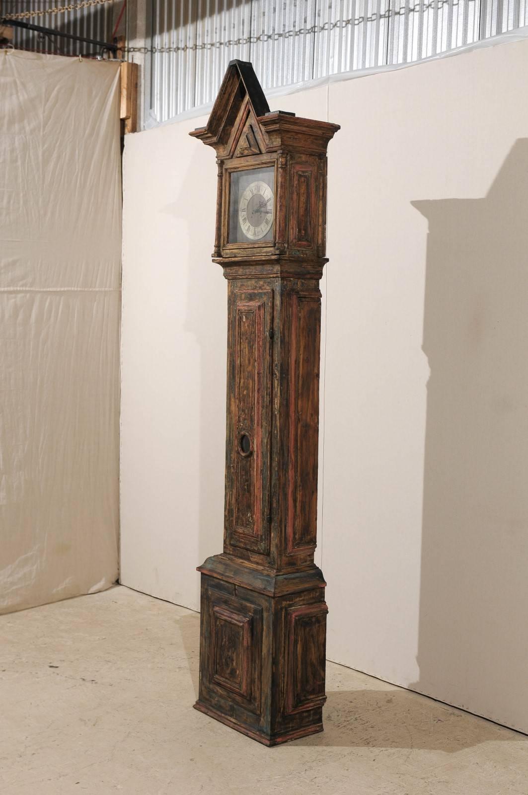 Carved 18th C. Swedish Wood Clock with Linear Profile and Triangular Crest For Sale