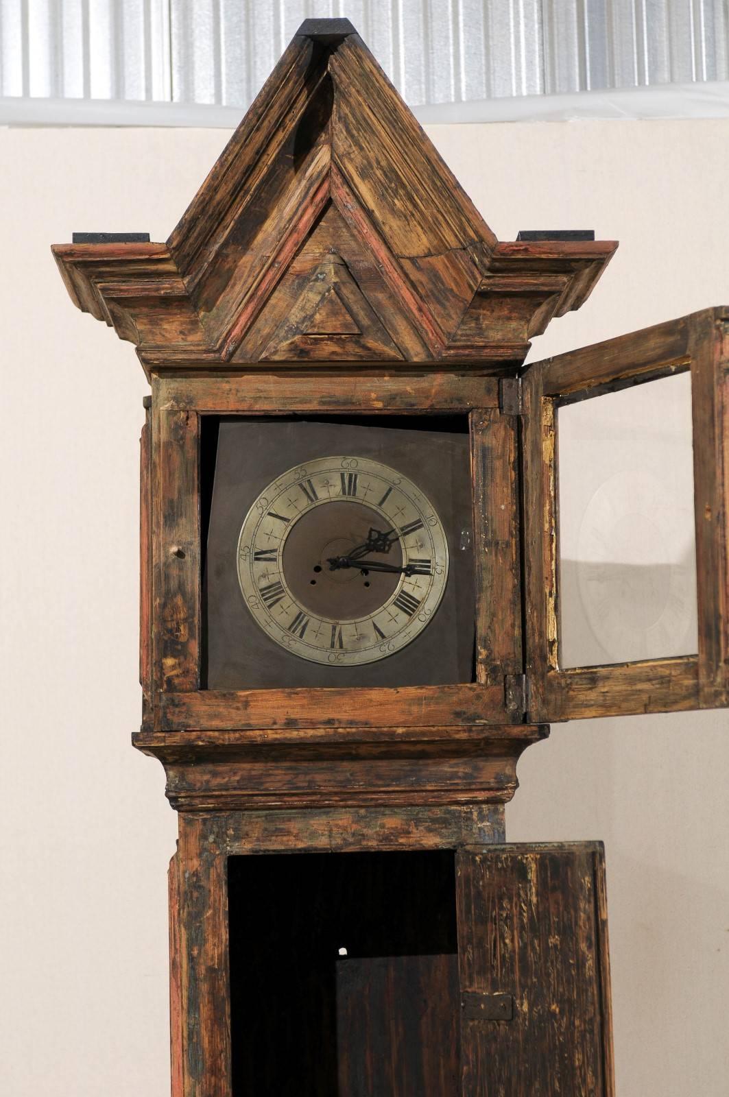 18th Century and Earlier 18th C. Swedish Wood Clock with Linear Profile and Triangular Crest For Sale