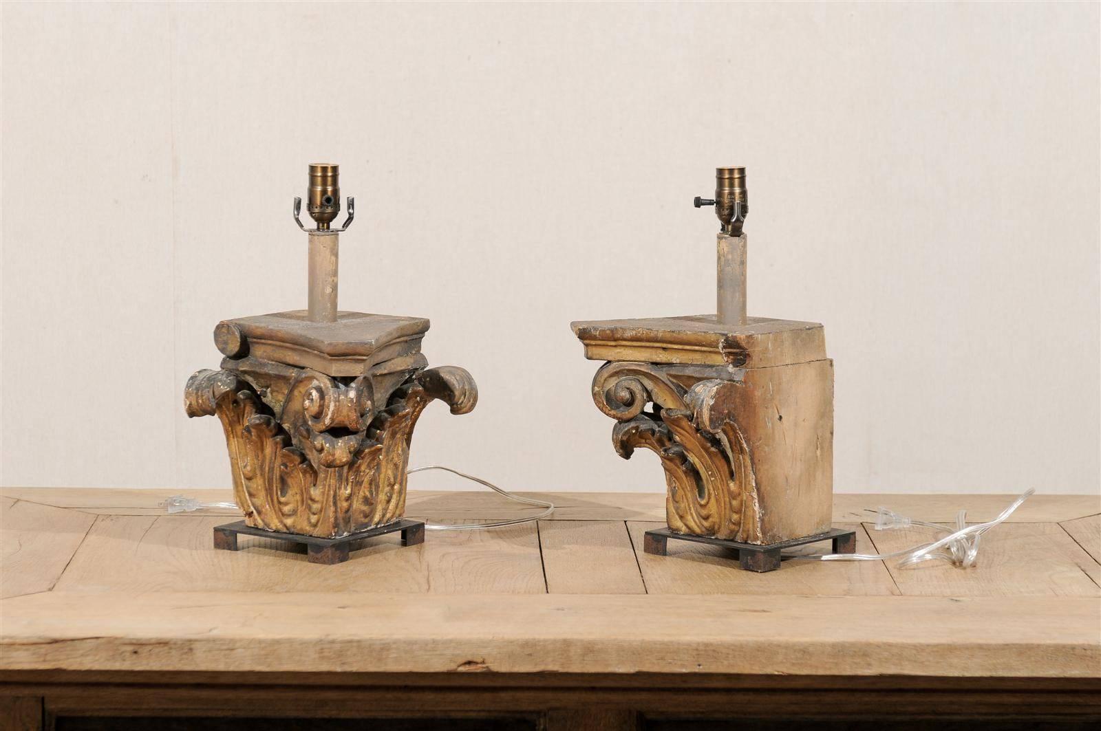 19th Century Pair of 19th C Italian Wooden Corinthian Capital Fragments Made into Table Lamps