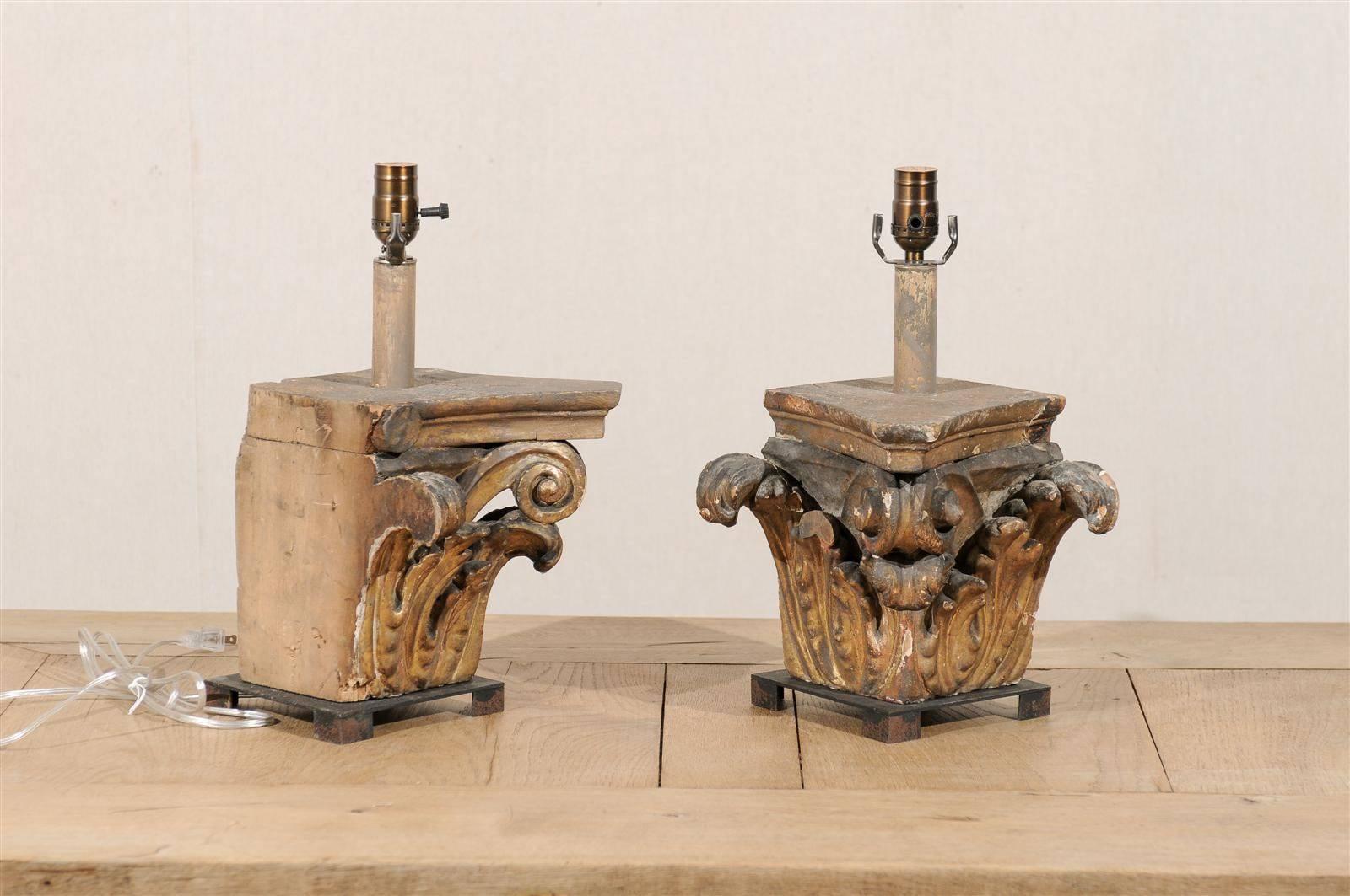 Pair of 19th C Italian Wooden Corinthian Capital Fragments Made into Table Lamps 1