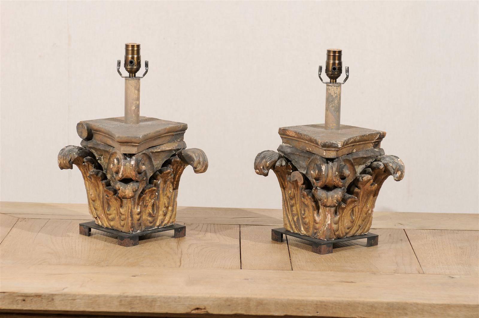 Painted Pair of 19th C Italian Wooden Corinthian Capital Fragments Made into Table Lamps