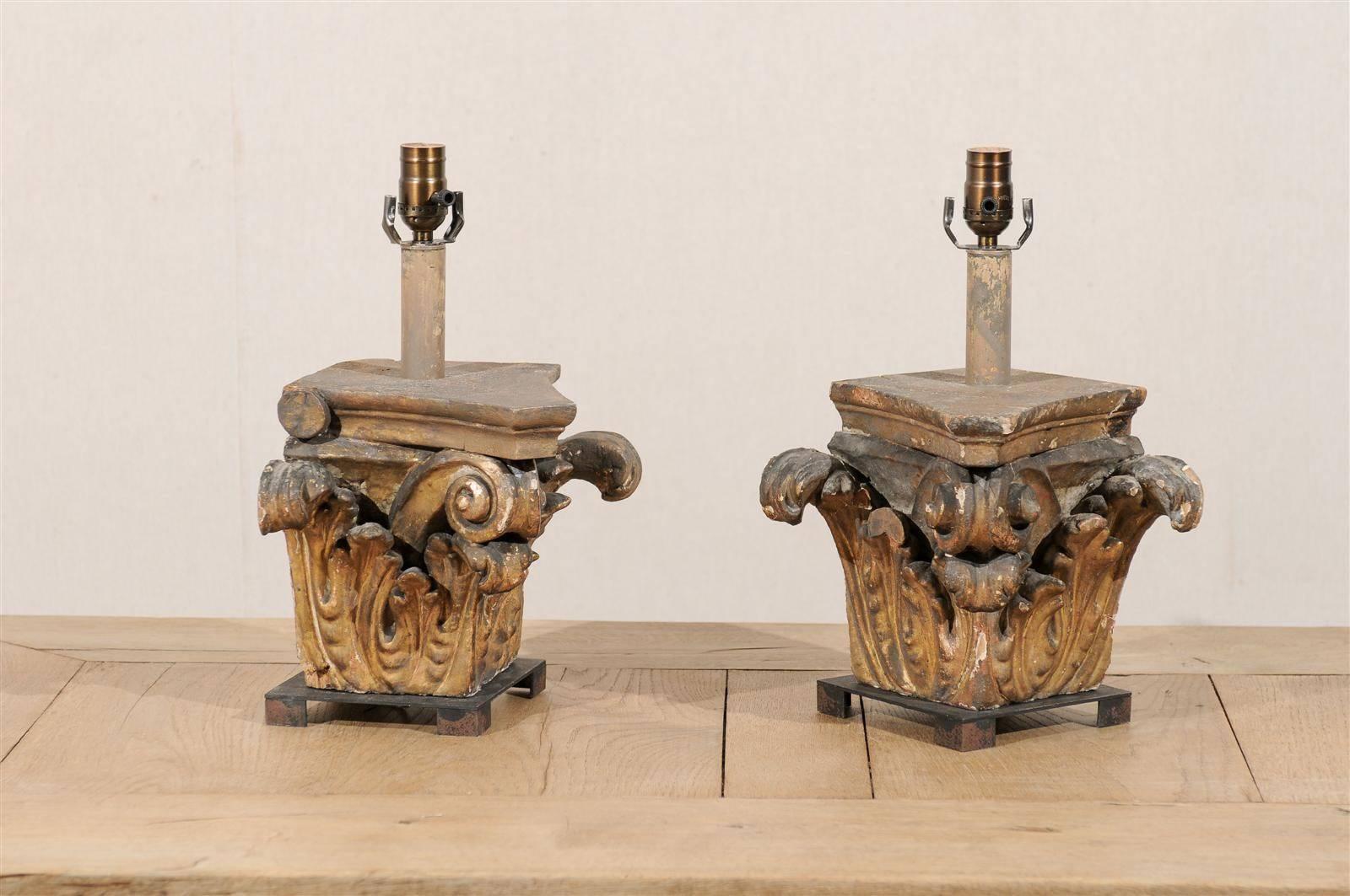 Pair of 19th C Italian Wooden Corinthian Capital Fragments Made into Table Lamps In Good Condition In Atlanta, GA