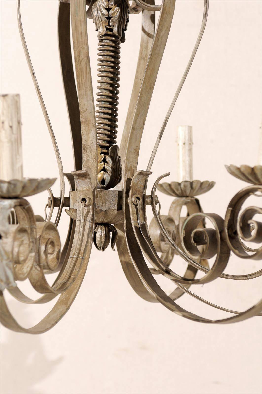 French Six-Light Painted Metal Chandelier with Acanthus Leaves and Scroll Arms 3