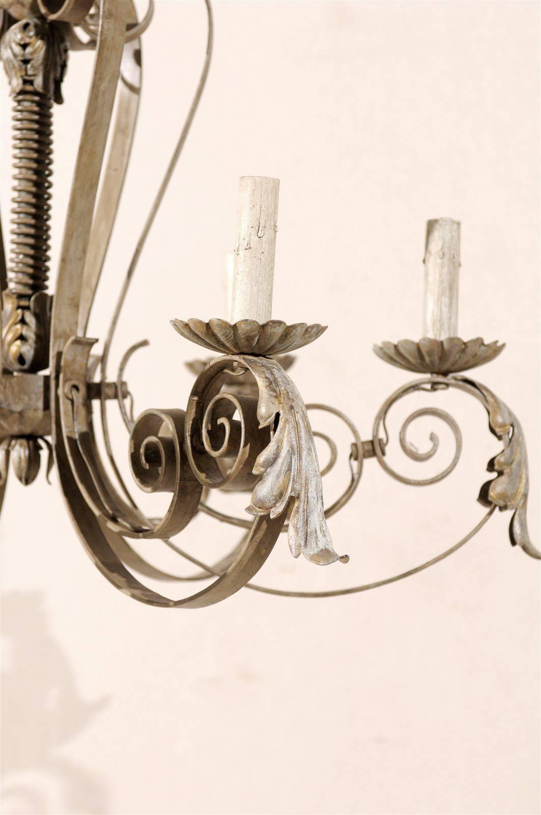 French Six-Light Painted Metal Chandelier with Acanthus Leaves and Scroll Arms 1