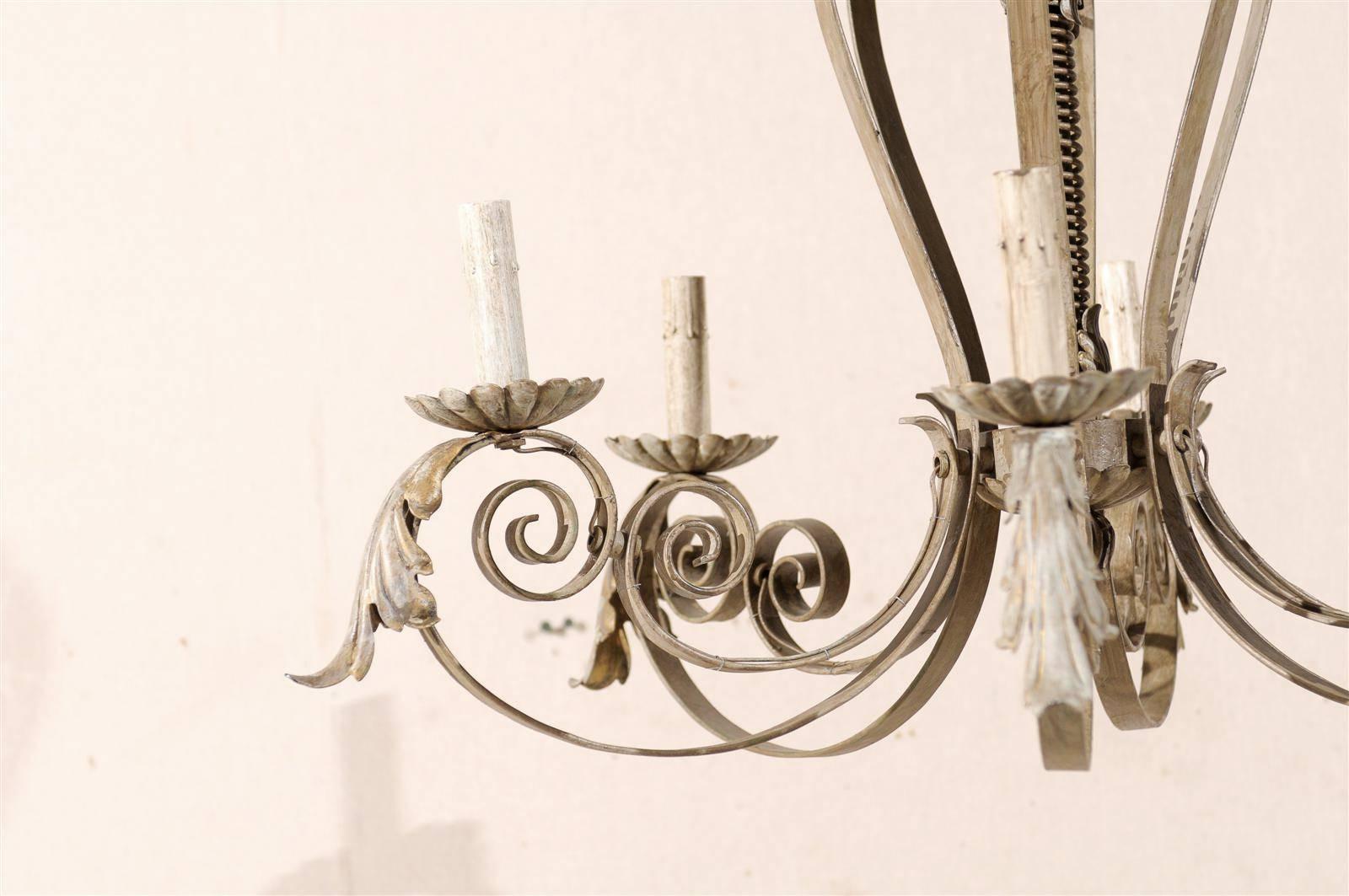 20th Century French Six-Light Painted Metal Chandelier with Acanthus Leaves and Scroll Arms