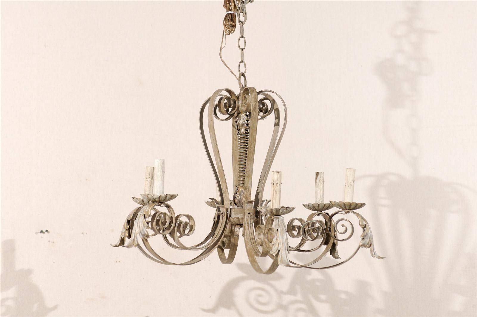 French Six-Light Painted Metal Chandelier with Acanthus Leaves and Scroll Arms In Good Condition In Atlanta, GA