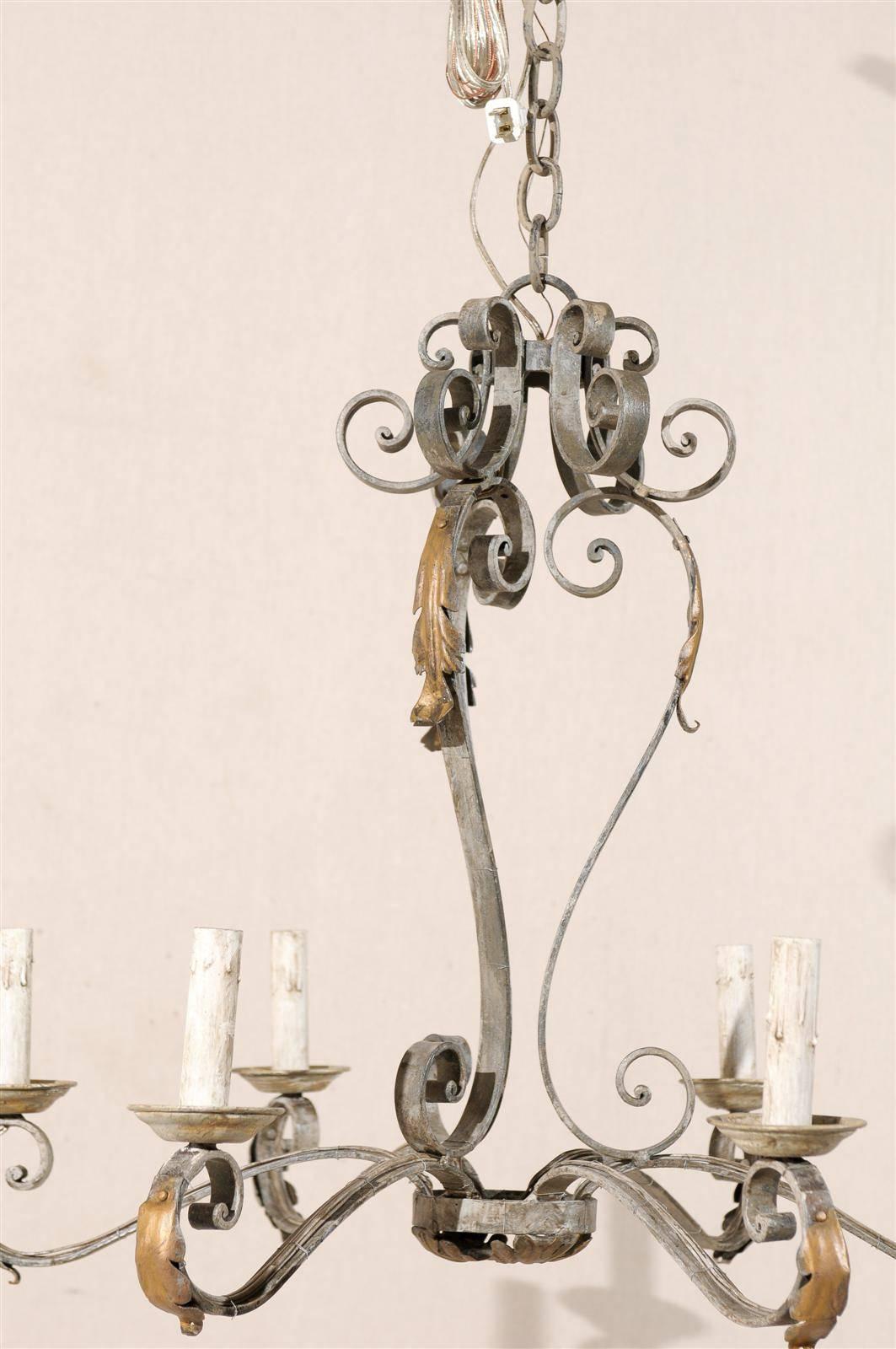 French Painted Iron Six-Light Chandelier with Gilded Acanthus Leaves In Good Condition For Sale In Atlanta, GA