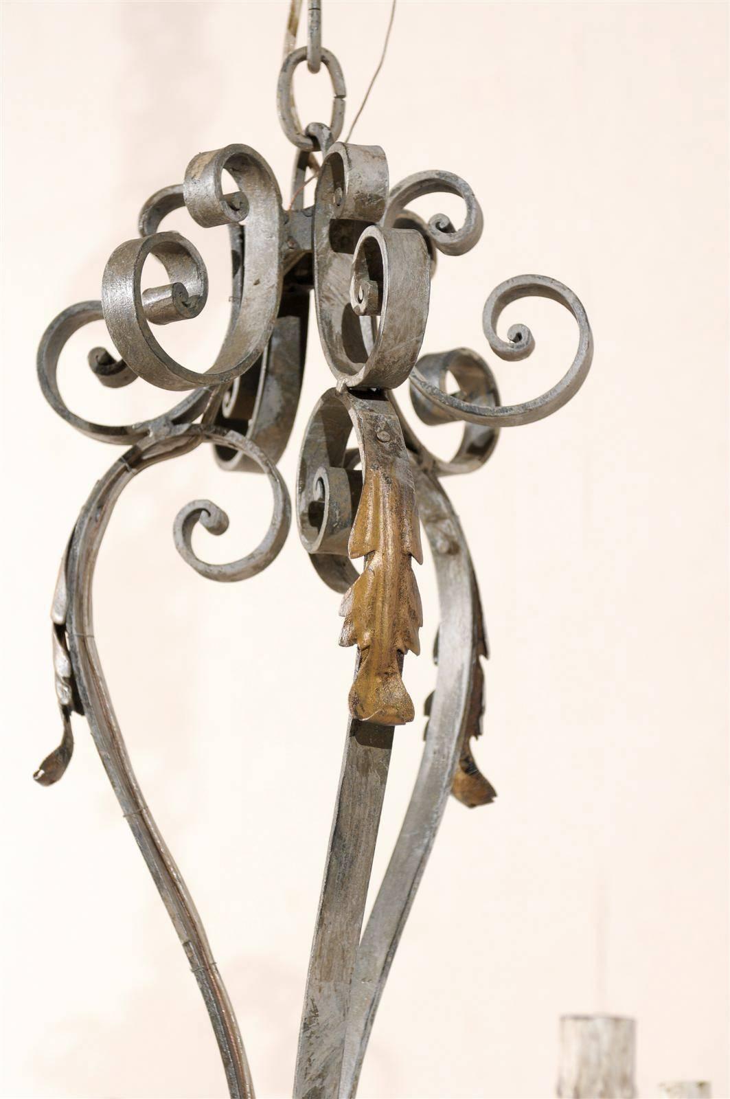 French Painted Iron Six-Light Chandelier with Gilded Acanthus Leaves For Sale 3