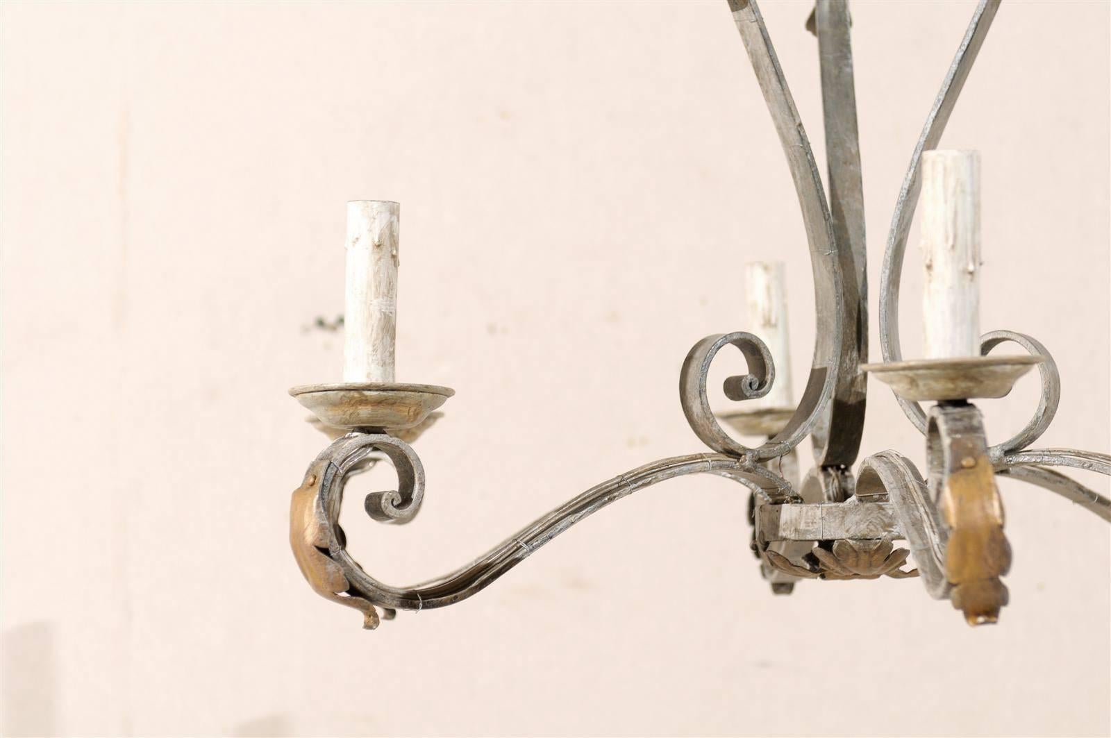 20th Century French Painted Iron Six-Light Chandelier with Gilded Acanthus Leaves For Sale