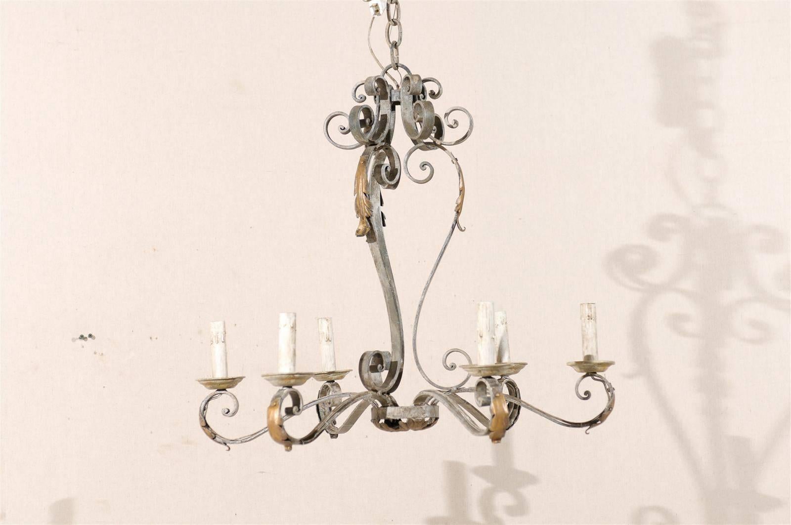 Gilt French Painted Iron Six-Light Chandelier with Gilded Acanthus Leaves For Sale