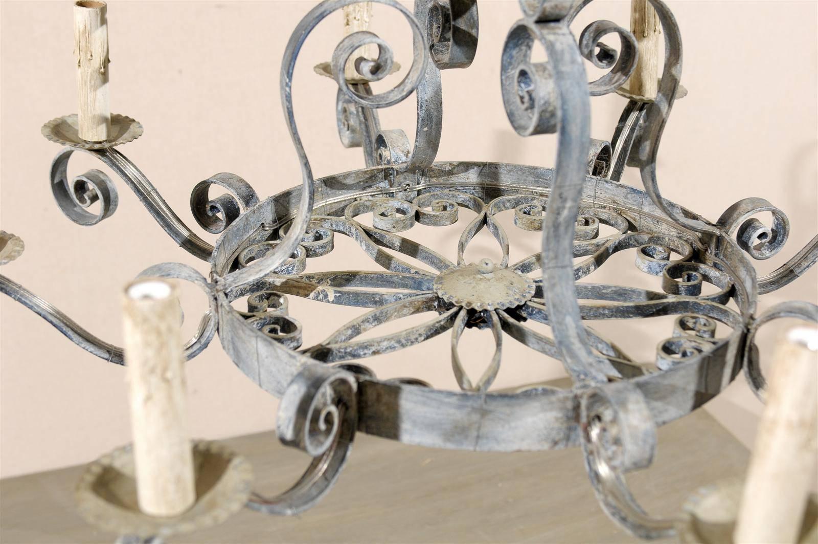 20th Century French Vintage Eight-Light Painted Iron Chandelier with S-Scrolls Throughout
