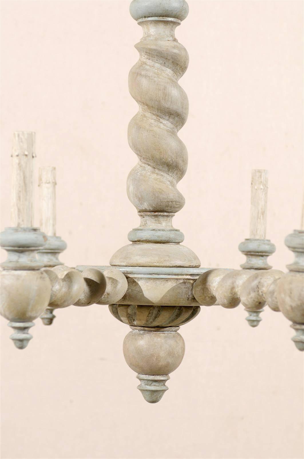 French Six-Light Painted Wood Chandelier with Barley Twist Central Column/Arms In Good Condition In Atlanta, GA