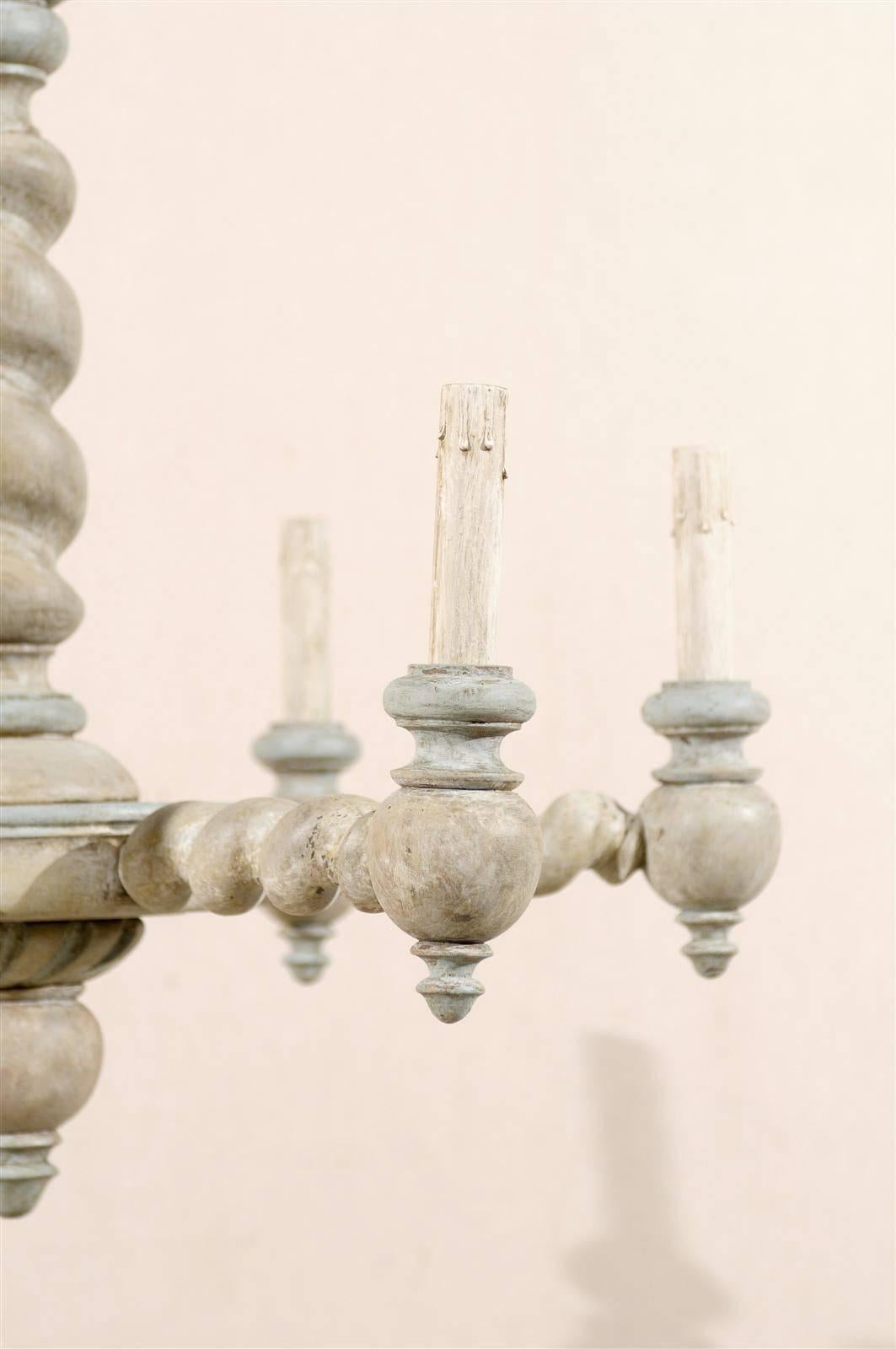 20th Century French Six-Light Painted Wood Chandelier with Barley Twist Central Column/Arms