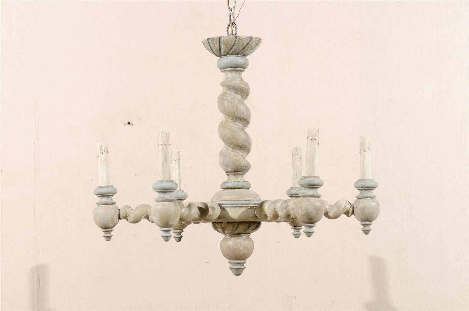 French Six-Light Painted Wood Chandelier with Barley Twist Central Column/Arms 3
