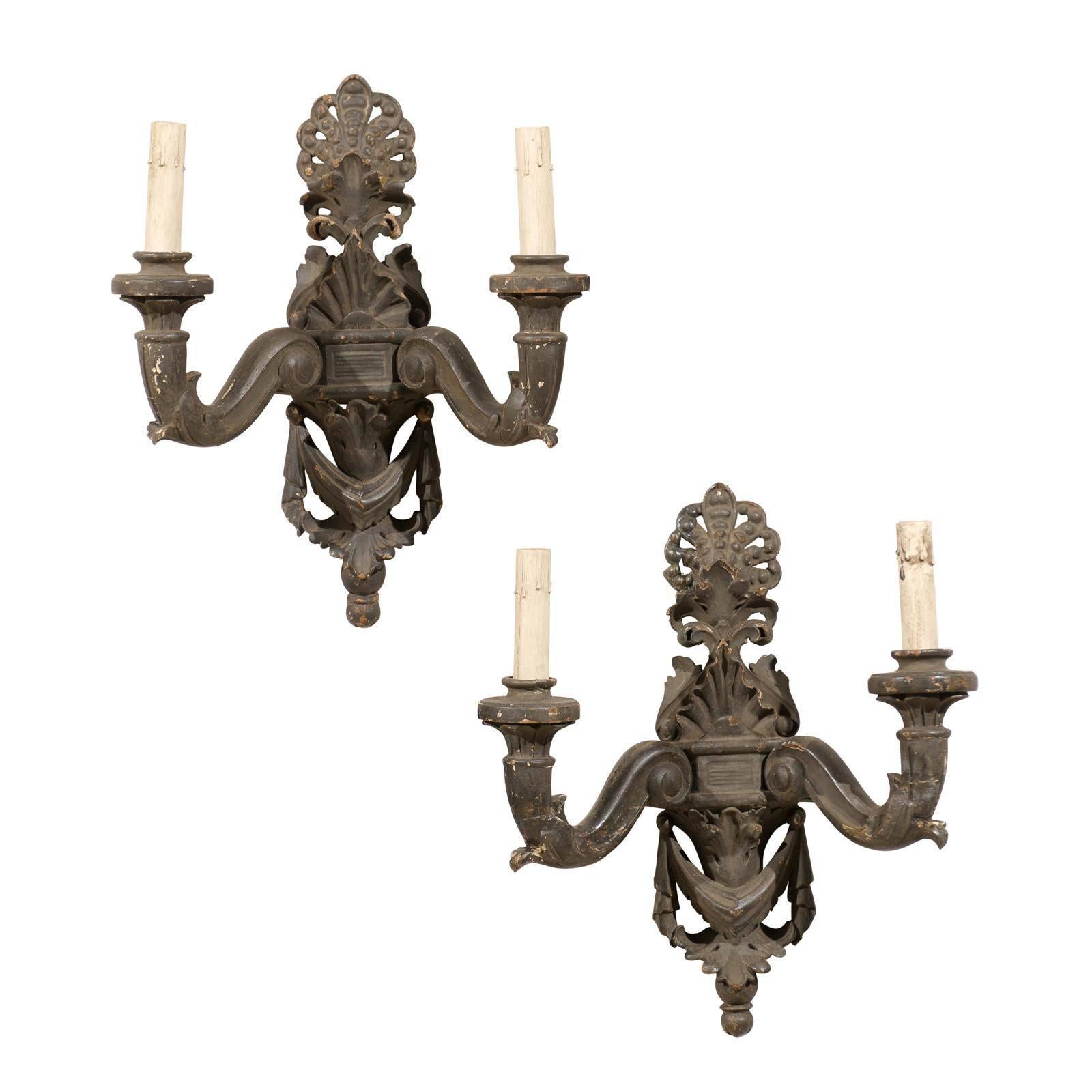 Pair of Italian Two-Light Carved Wood Sconces Featuring Paint over Gesso For Sale