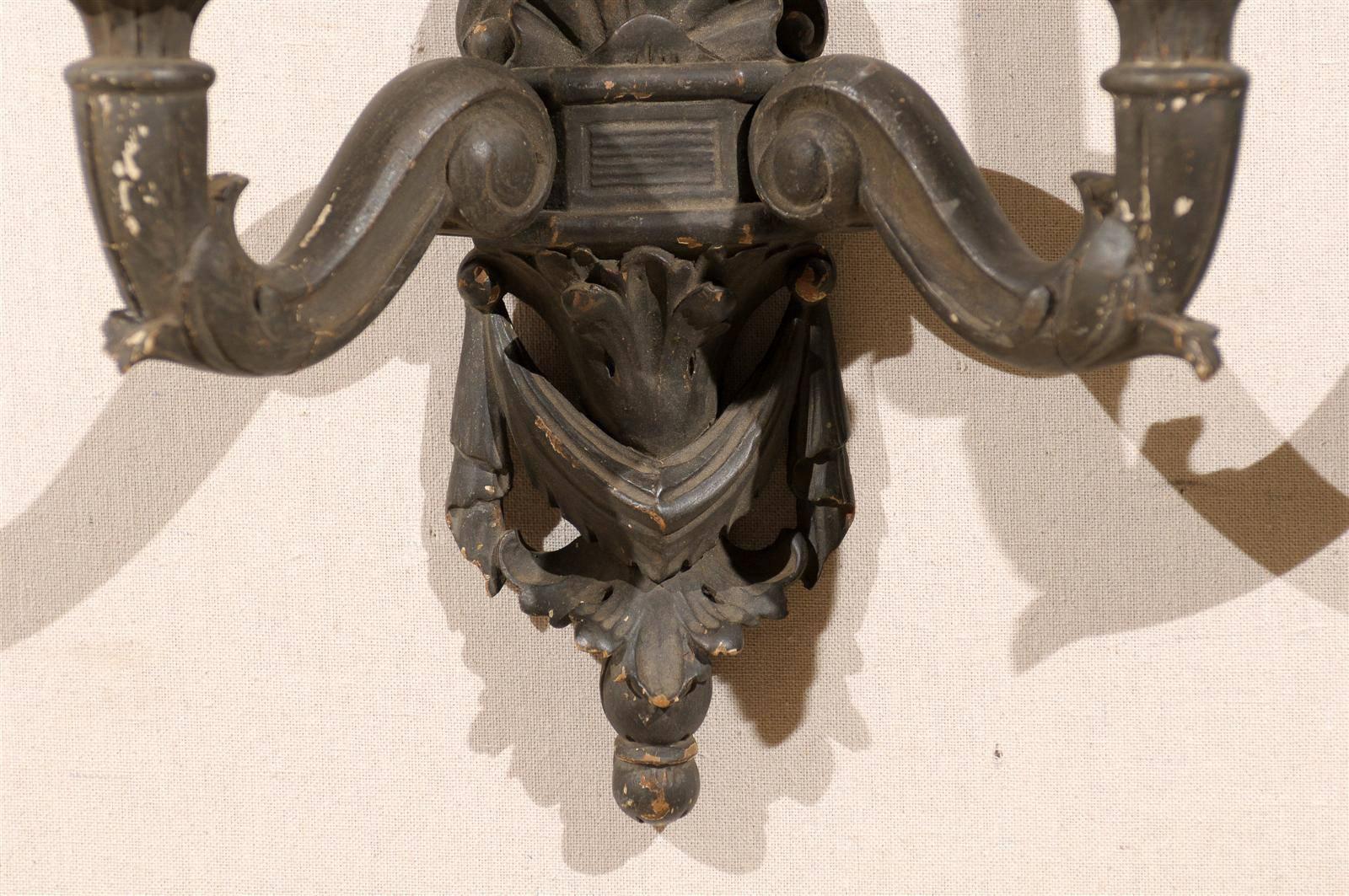 Pair of Italian Two-Light Carved Wood Sconces Featuring Paint over Gesso For Sale 5